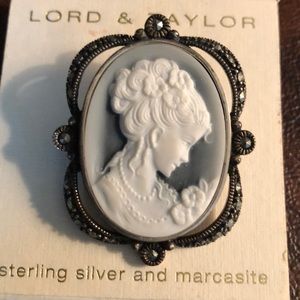 Genuine sterling silver/marcasite Cameo pin